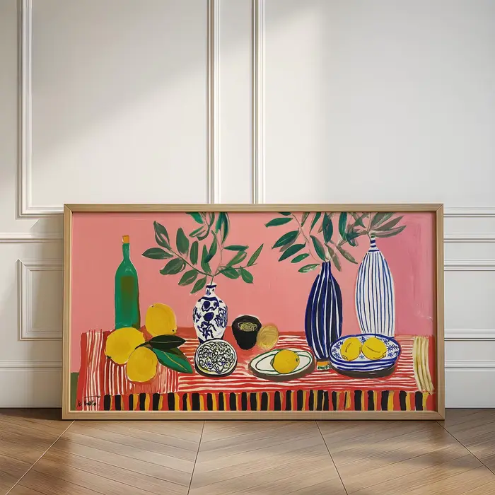 Série Matisse, toile murale abstraite avec chat noir et fleurs colorées dans un vase
