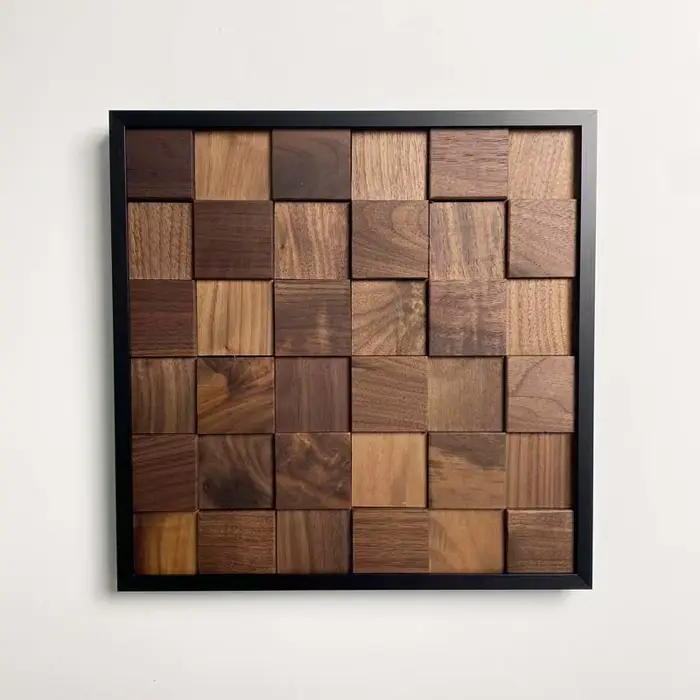 Panneaux muraux en mosaïque de bois massif 3D – Design géométrique luxueux pour arrière-plans de café et de restaurant