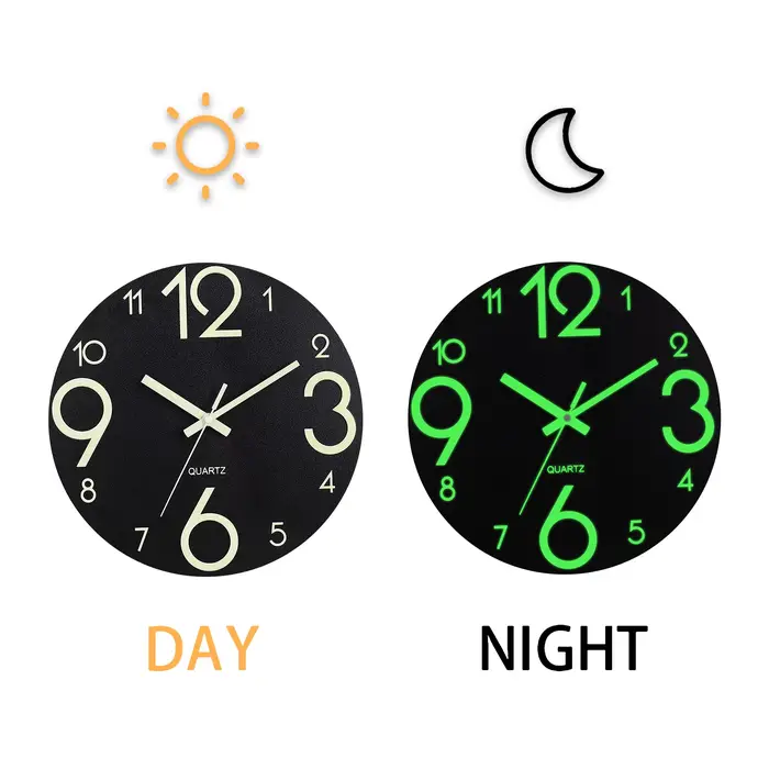 1010 Horloge murale ronde qui brille dans le noir avec chiffres luminescents