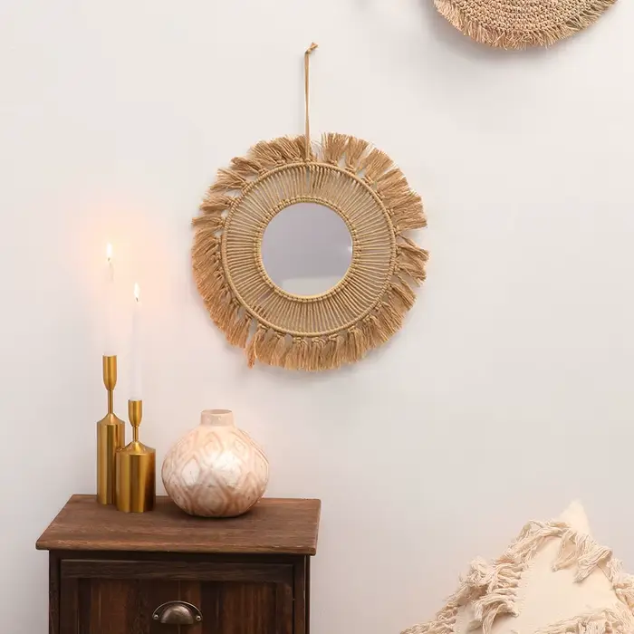 Miroir Mural Créatif en Macramé Tissé à la Main, Style Simple, Rond, Nordique, Décoration de Chambre