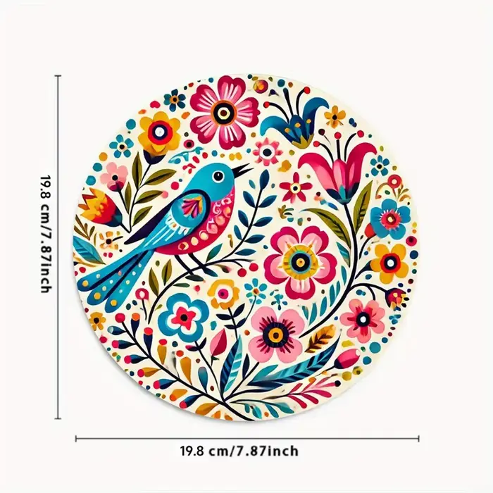 Art mural rond oiseau et fleur coloré 2D | Impression en aluminium