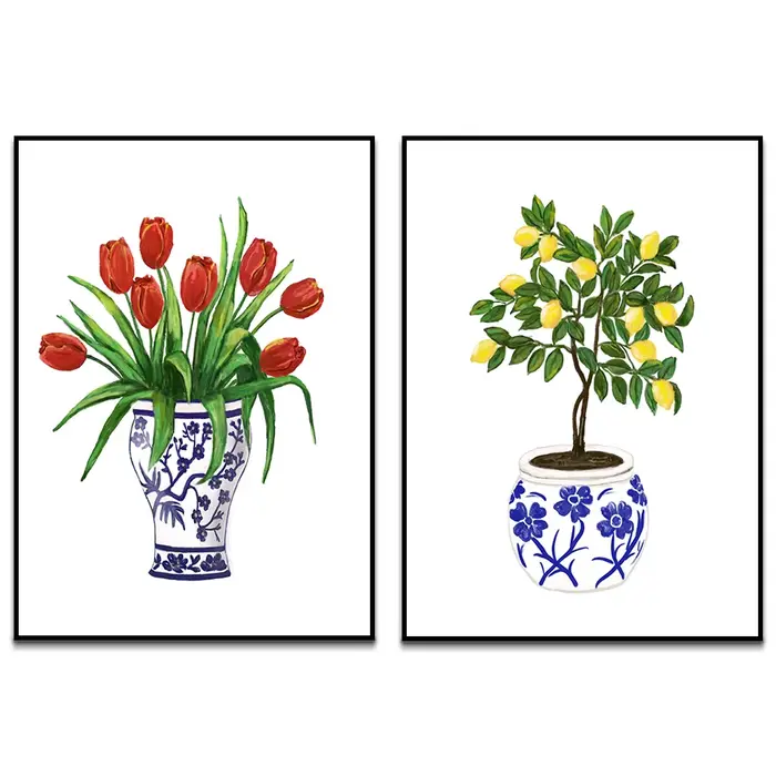 Citron, pot de fleur bleu et blanc