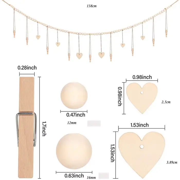 Décoration murale pour photos suspendues - Guirlande rustique bohème en perles de bois avec 9 pinces