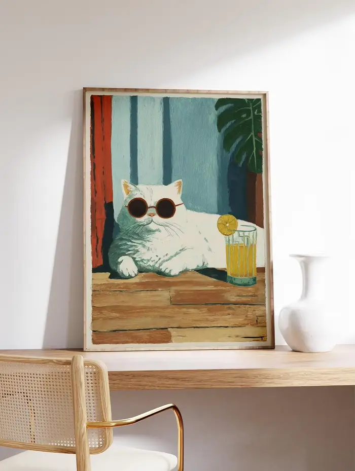 Affiche Cool Cat Lemonade | Illustration d'un chat blanc avec des lunettes de soleil | Impression artistique Summer Cat