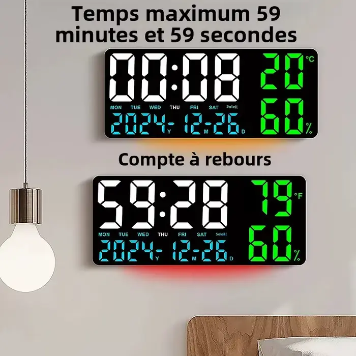 Grande horloge murale numérique avec 7 couleurs