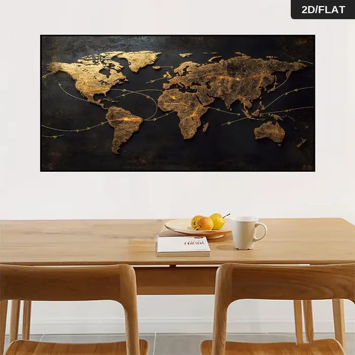 Une peinture murale abstraite moderne de carte du monde dorée avec des flèches de liaison