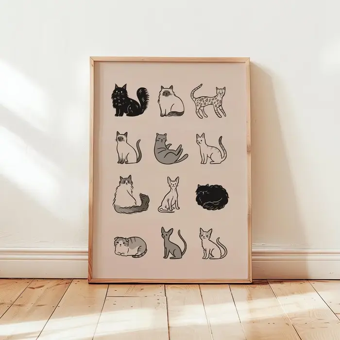 Décoration murale minimaliste avec tableau des races de chats bleus - Illustration élégante en art linéaire mettant en