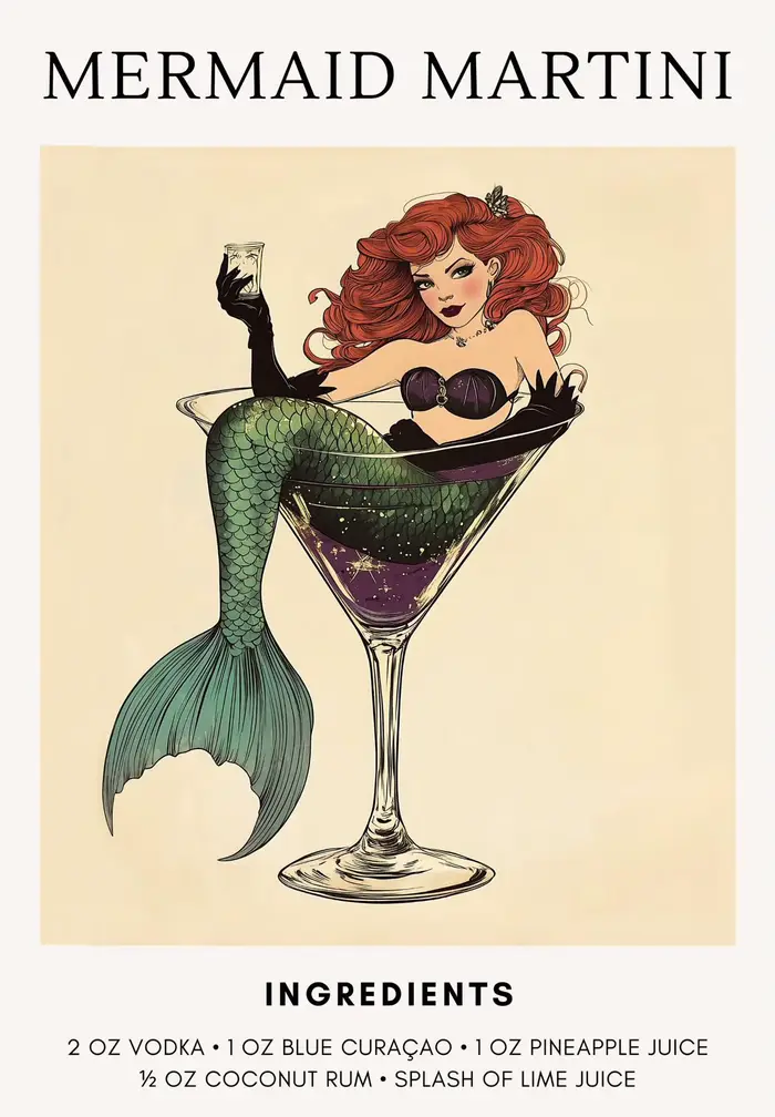 Affiche de Cocktail sirène Vintage, Martini et sirène Spritz, peinture sur toile imprimée pour salon