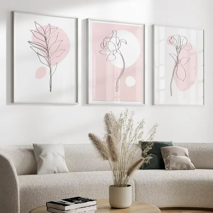 Lot de 3 tableaux muraux botaniques roses – Décoration murale botanique – Affiche d'art linéaire