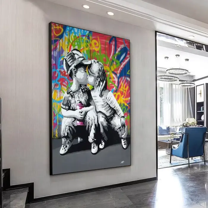 Pop Rue Graffiti Mur Art Banksy Garçon Fille Dans L'amour HD Huile Sur Toile Affiches Et Impressions Pour Salon Chambre Décor