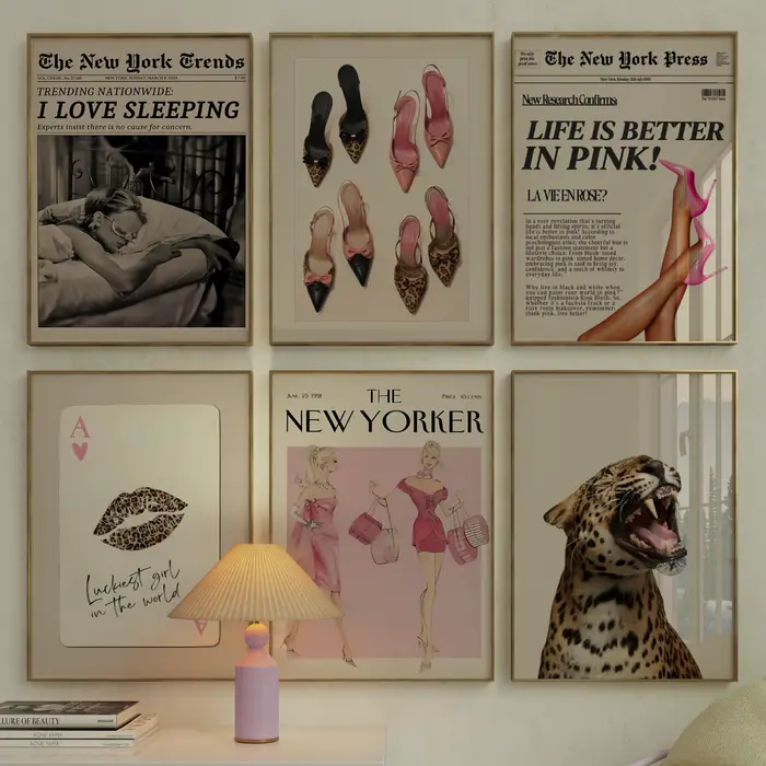 Nouveau Style Yorker rose léopard toile impression peinture Vintage rétro Magazine mur Art pour salon chambre bureau décor à la maison