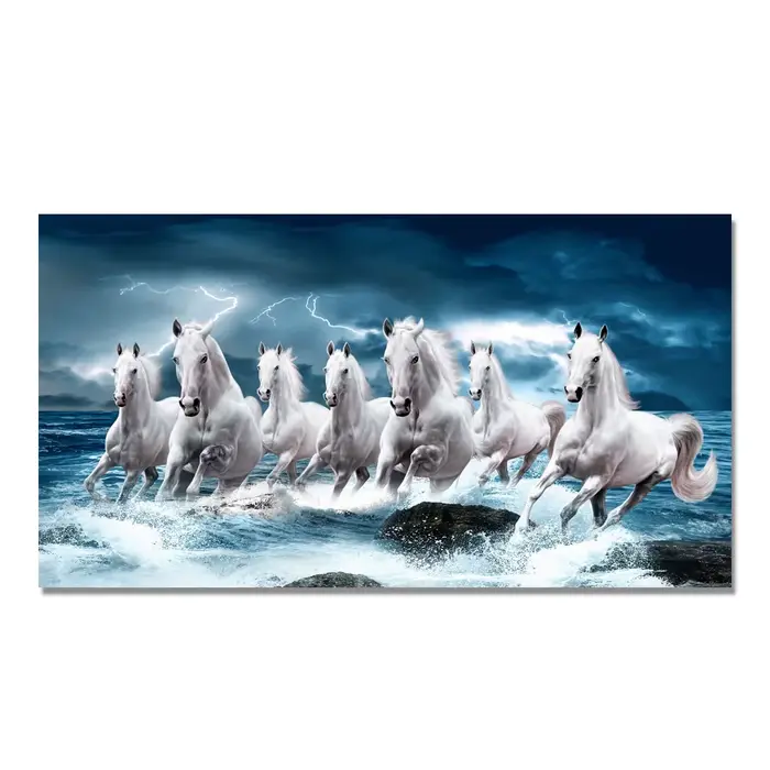 Toile de 7 chevaux de course blancs, affiches et imprimés d'animaux, tableau d'art mural