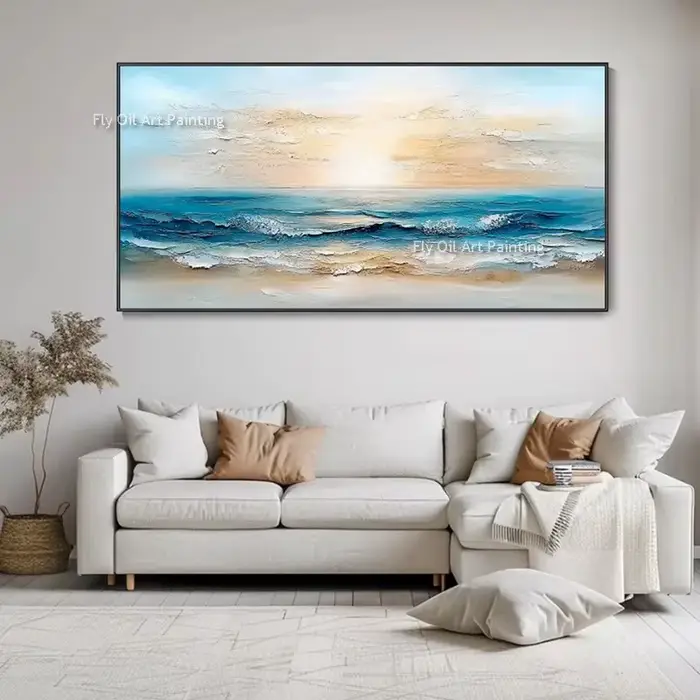 Art mural moderne, œuvre d'art de mer, grand couteau de Seawave bleu, peinture à l'huile épaisse fai