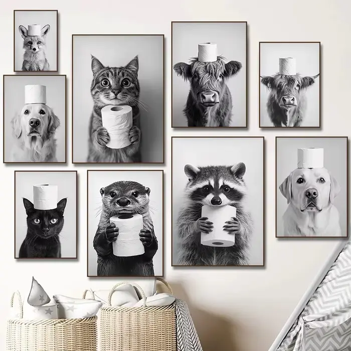 Highland vache loutre chat raton laveur avec papier toilette affiche impression toile peinture salle de bain mur Art