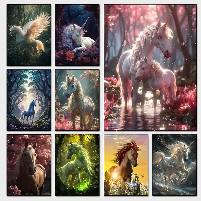Affiches de licorne de conte de fées colorées modernes dans la forêt