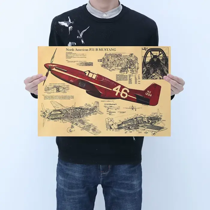 Affiche de dessin structurel de chasseur vintage P51, autocollants de décoration de chambre, décor à