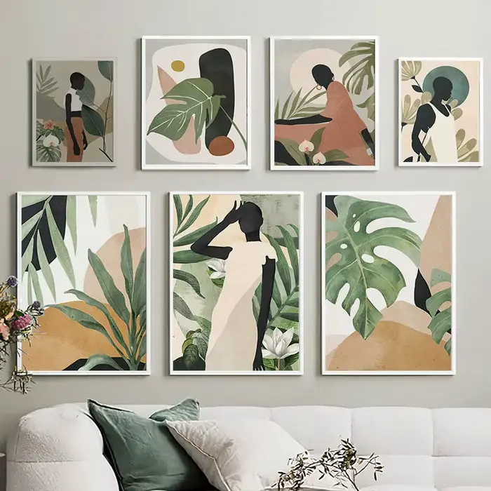 Peinture sur toile abstraite de femme africaine avec feuilles