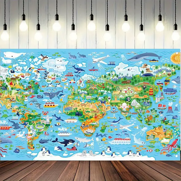 Un fond de carte du monde vif avec des animaux et des planètes de dessin animé – adapté à la décoration de la maison