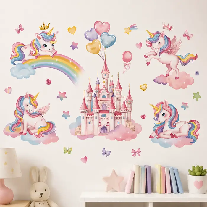 Autocollant mural Château Licorne pour chambre d'enfant