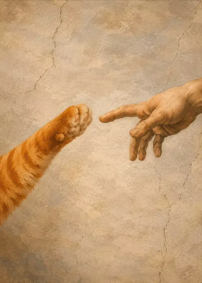 Affiche sur toile « La création d'Adam avec une patte de chat et de chien », impression d'affiche te