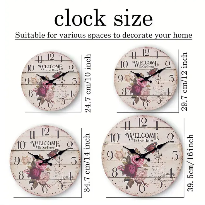 Rétro fleur papillon "Benvenue à notre maison" modèle horloge murale en bois salon chambre cuisine décoration
