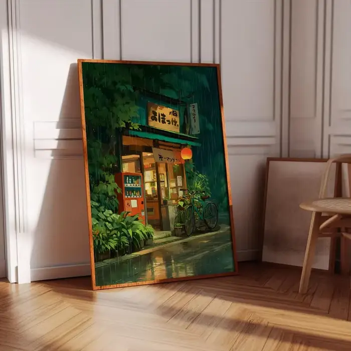 Anime café boutique et vélo toile affiche Ghibli travail Anime Style rue café scène mur Art impressi