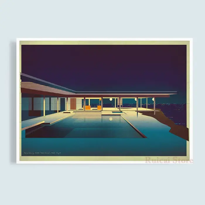 Pierre Koenig Stahl House Night View Canvas Poster Pool Villa Architecture