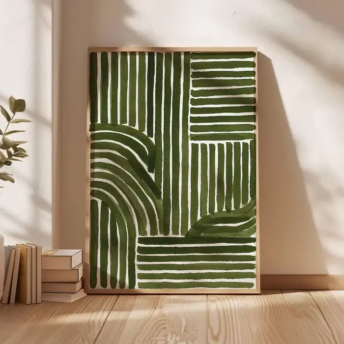 Impression d'art au trait abstrait vert – Affiche géométrique minimaliste moderne