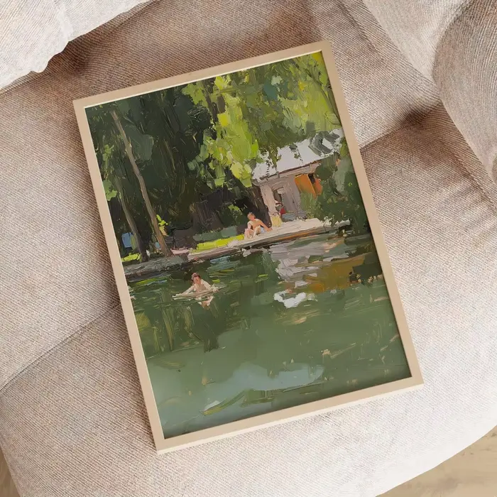 Impressionniste - Tableau mural décoratif sur le thème du lac d'été - Peinture à l'huile expressive d'une scène au bord