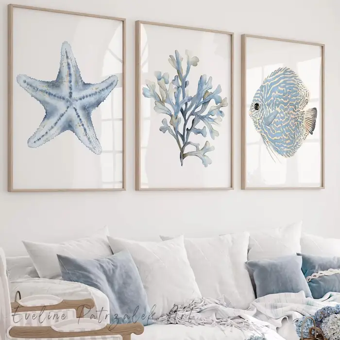 Lot de 3 affiches murales sans cadre sur le thème côtier : poissons, coraux, étoiles de mer – Impres