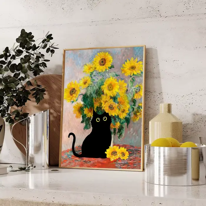 Vintage drôle chat noir mur Art Van Gogh nuit étoilée Claude Monet œuvres d'art affiche toile peinture esthétique chambre décor à la maison