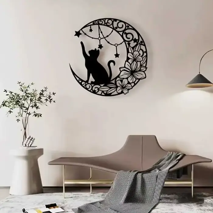 Décoration murale en fer simple avec silhouette de chat noir et lune