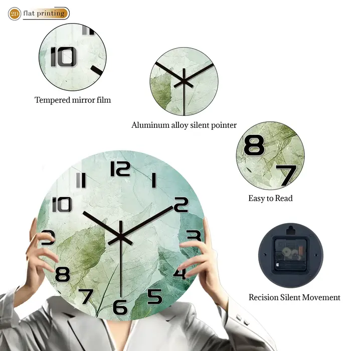 Horloge murale imprimée feuilles vertes fraîches – Motif botanique minimaliste