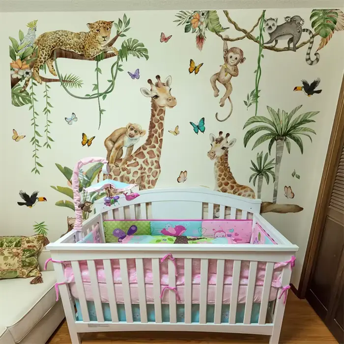 Grands autocollants muraux animaux de la forêt chambre d'enfants Jungle Safari girafe singe stickers