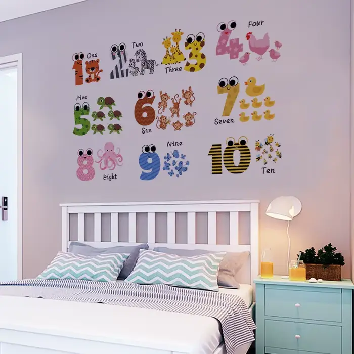 Autocollant mural de numéro d'animal de bande dessinée pour la chambre à coucher