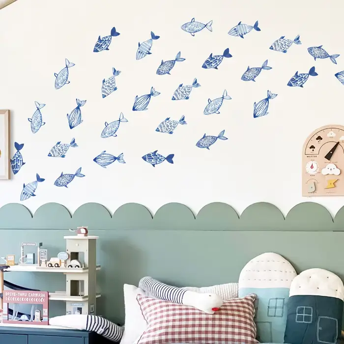 Autocollants muraux de poisson aquarelle dessinés à la main, autocollant mural imperméable à décolle