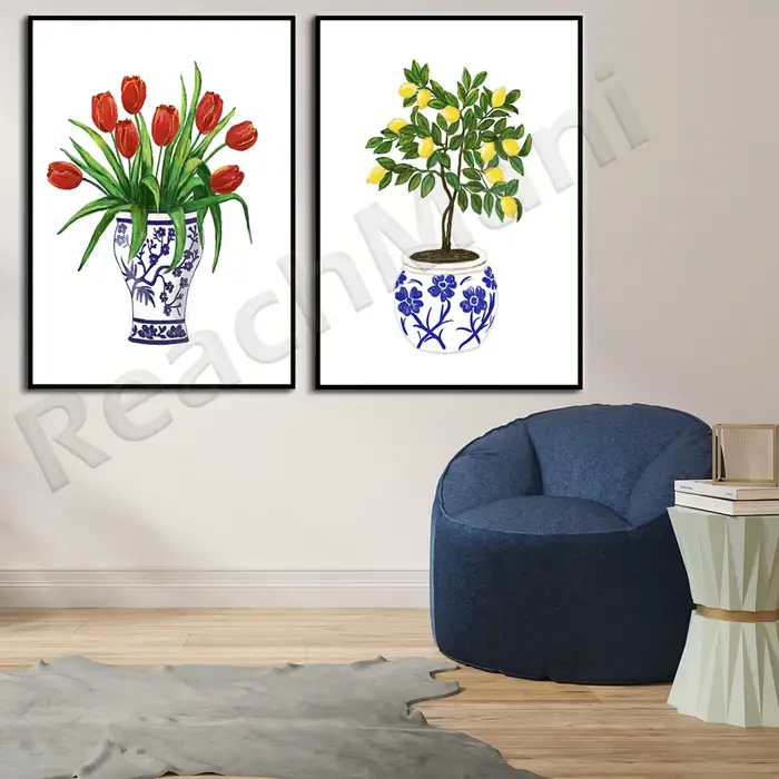 Citron, pot de fleur bleu et blanc
