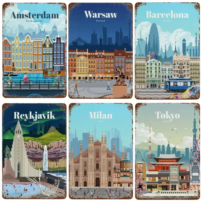 Affiche de voyage en métal et aluminium, Amsterdam, londres, islande, Bali, plaques rétro pour Club, homme, grotte, Bar, hôtel, café, décoration murale