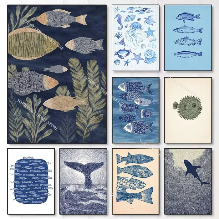 Affiche d'art minimaliste nautique avec poissons et vagues