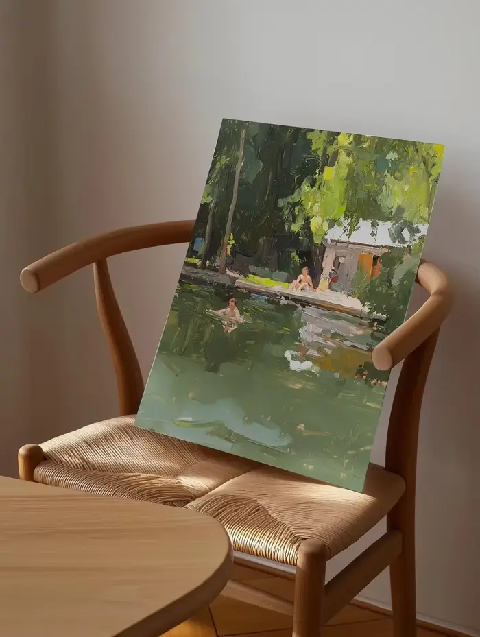 Impressionniste - Tableau mural décoratif sur le thème du lac d'été - Peinture à l'huile expressive d'une scène au bord