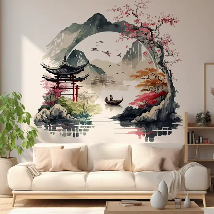 🎊 Autocollant mural Paysage Oiseaux Montagne Rivière pour Fond de Mur