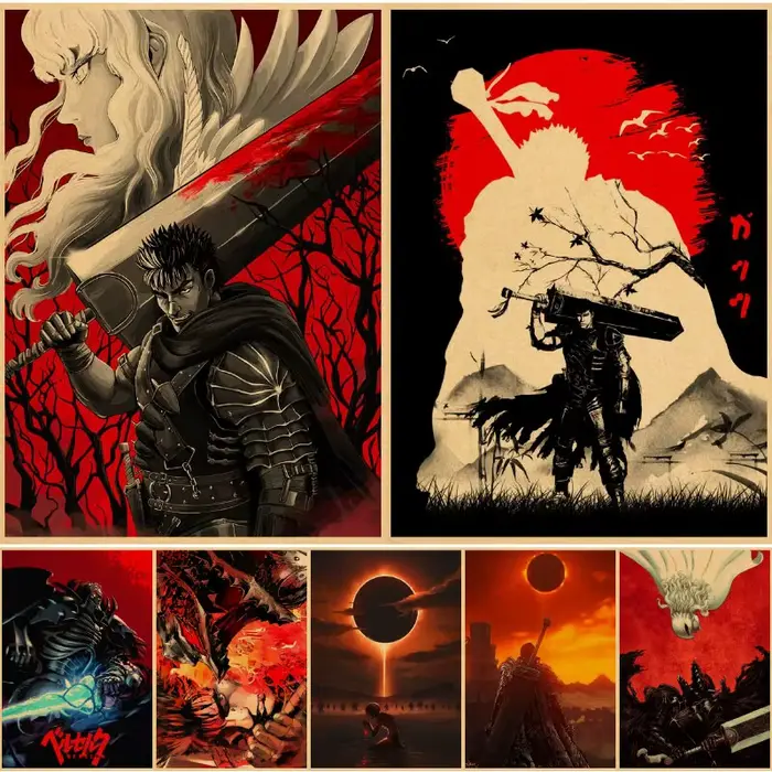 Affiches de dessin animé Berserk, imprimés graphiques en papier Kraft, autocollants muraux, décoration de la maison, peinture, décor d'anime
