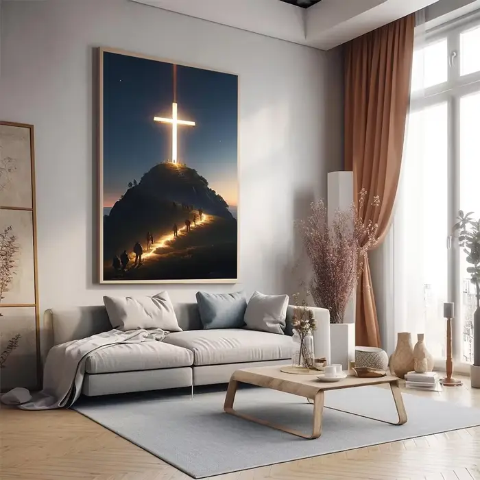 Toile d'art mural avec croix chrétienne moderne sur le dessus de la montagne