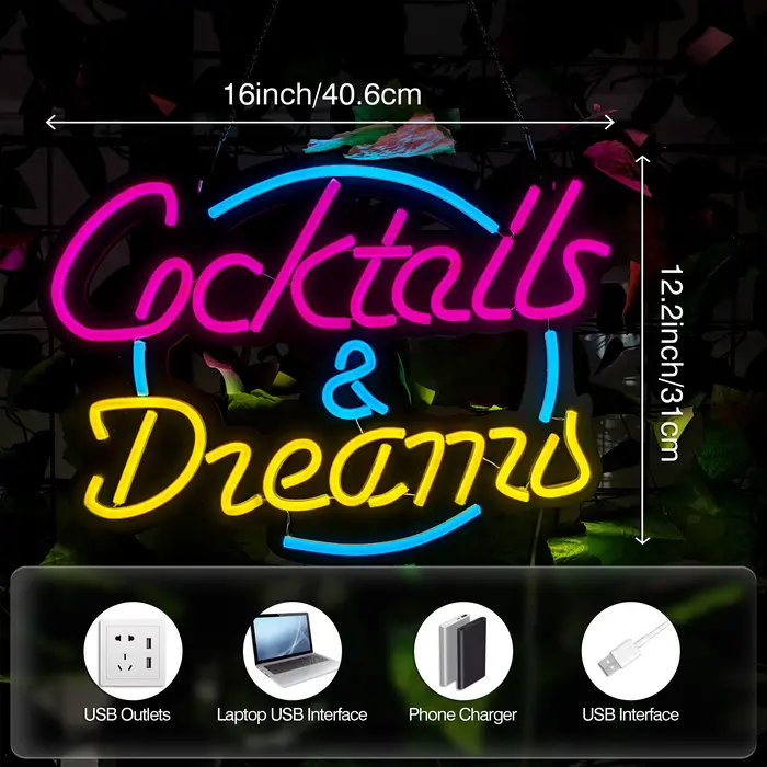 Enseigne néon « Cocktails & Rêves » pour chambre