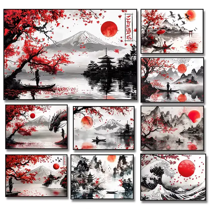 Affiche de peinture à l'encre de paysage japonais