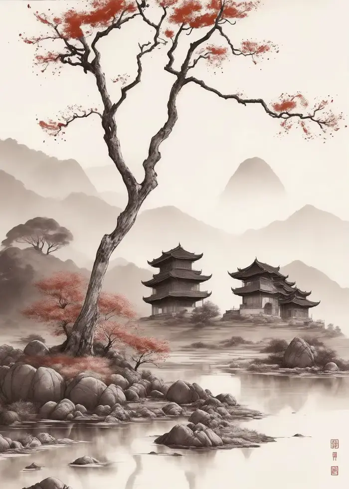 Affiche Vintage Asiatique Peinture de Paysage à l'Encre de Chine, Impression sur Toile pour Entrée d