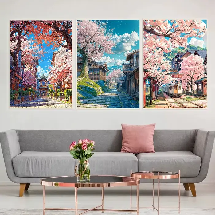 Affiche de Village de fleurs de cerisier japonais