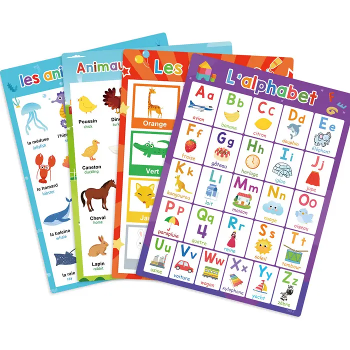 Affiche d'apprentissage du français avec animaux, lettres, fruits, mots, outil d'éducation précoce p