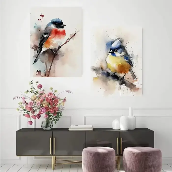 Toile d'art mural aquarelle oiseau, peinture Heron Robin Chickadee, affiche d'oiseau naturel pour salon, décoration de maison neutre, cadeau