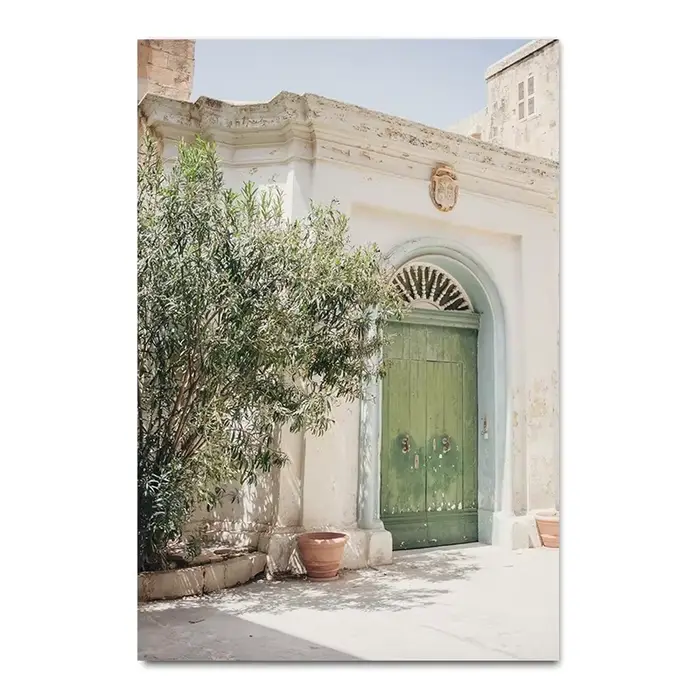 Art mural scandinave simple et bohème, architecture espagnole, feuilles vertes, roseaux, peinture su